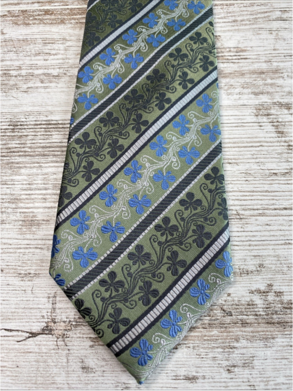 Egara 100% Silk Tie 60x3.5 Green Blue Floral Stripe Necktie Art Nouveau